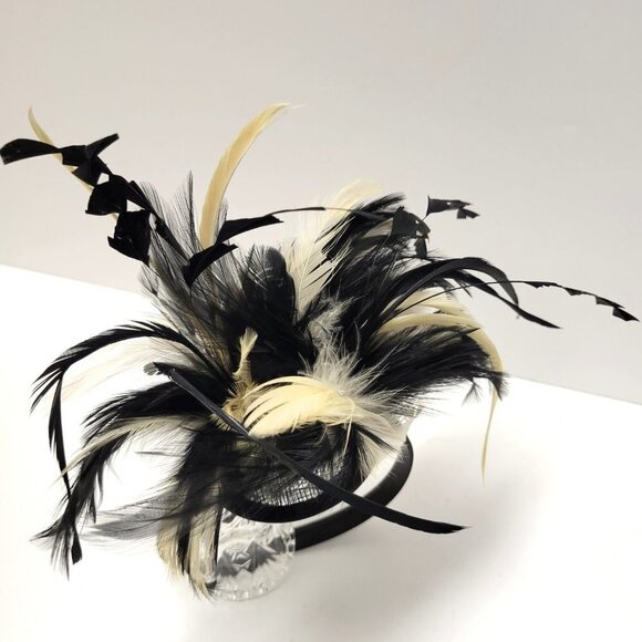 Black and Cream Feathers Fascinator on a Headband - Picture 13 of 14
